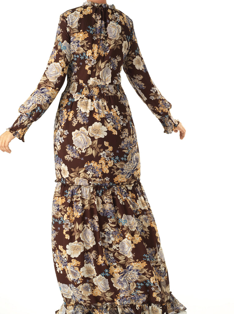 Brown floral smocked long sleeve maxi dress Kabayare