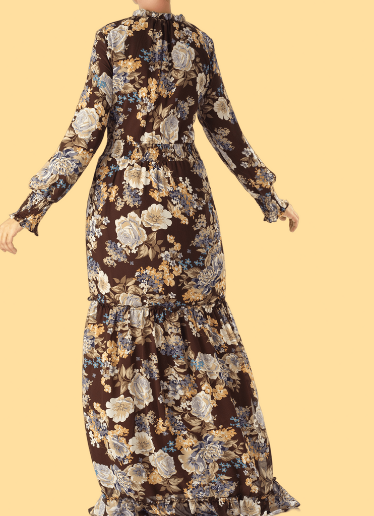 Brown floral smocked long sleeve maxi modest dress Kabayare