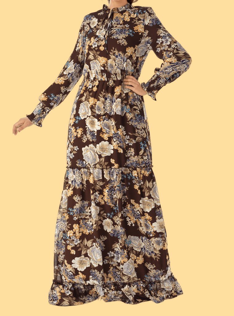 Brown floral smocked long sleeve maxi modest dress Kabayare