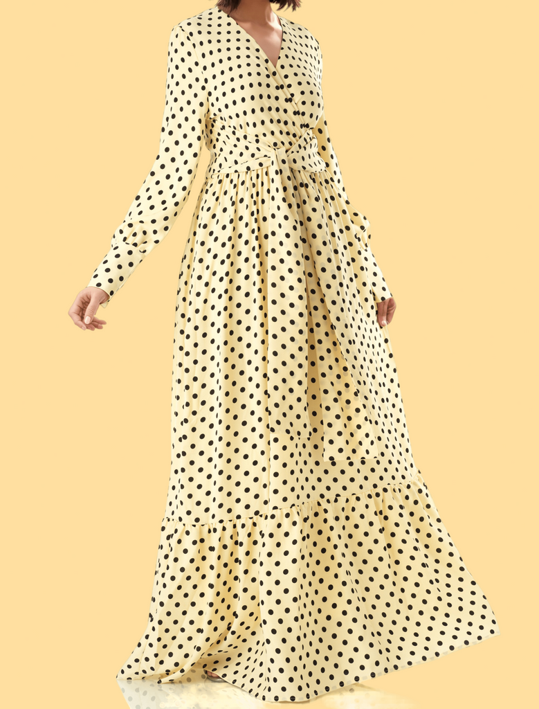 Buttercream Polka dot Long sleeve Maxi modest dress Kabayare
