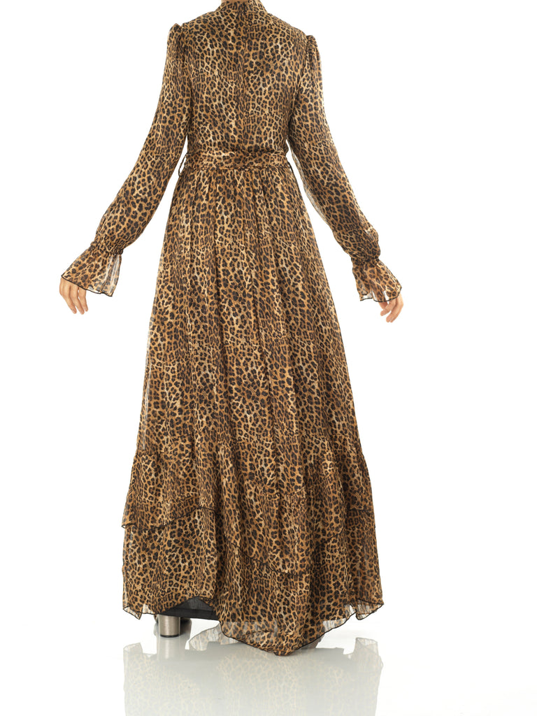 Cheetah fever ruffle long sleeve maxi dress Kabayare