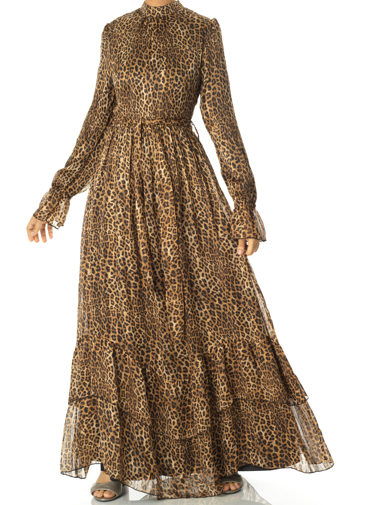 Cheetah fever ruffle long sleeve maxi dress Kabayare