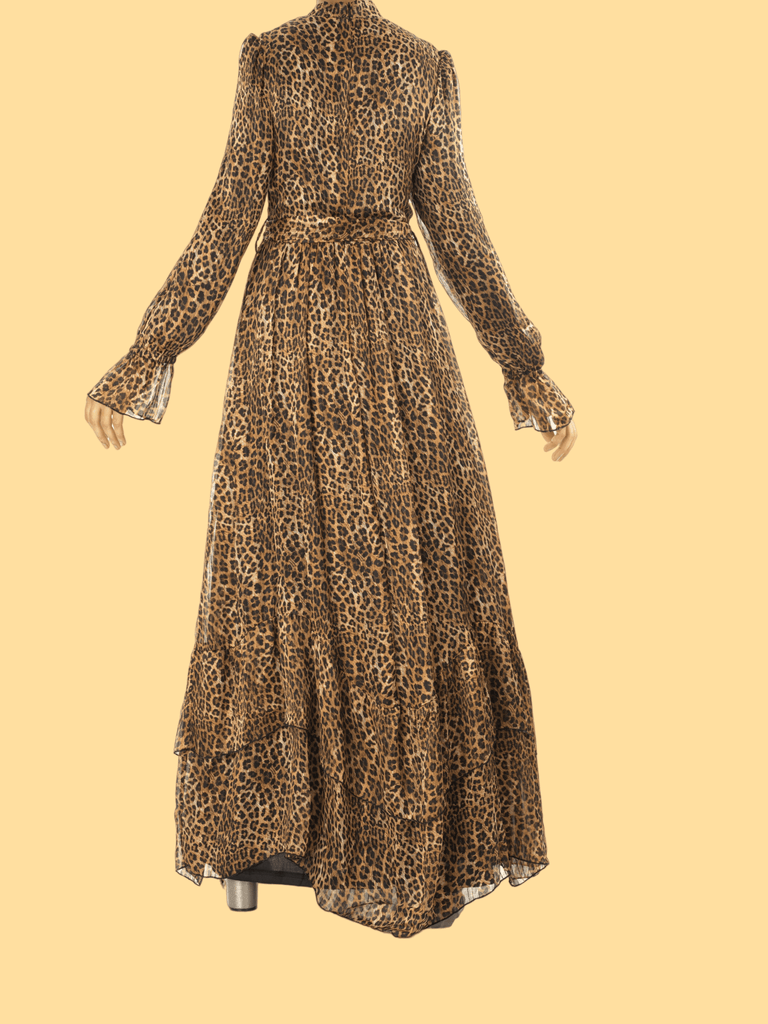 Cheetah fever ruffle long sleeve maxi dress Kabayare