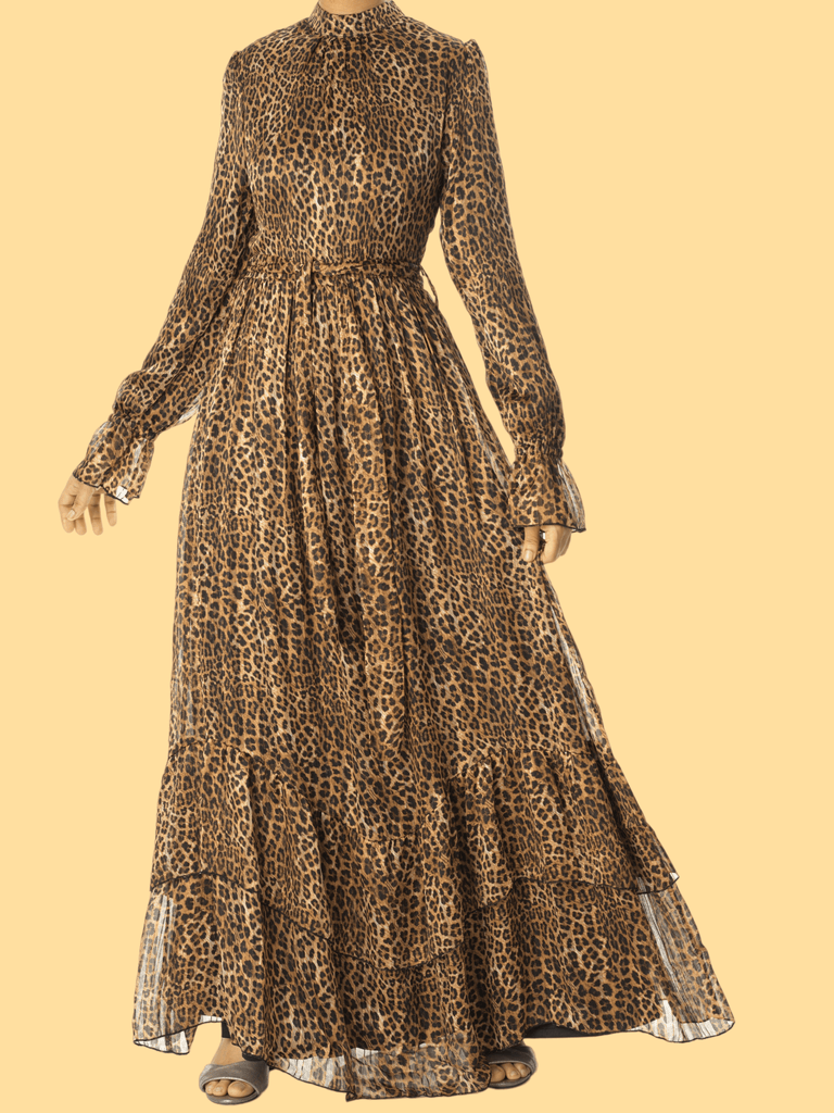 Cheetah fever ruffle long sleeve maxi dress Kabayare