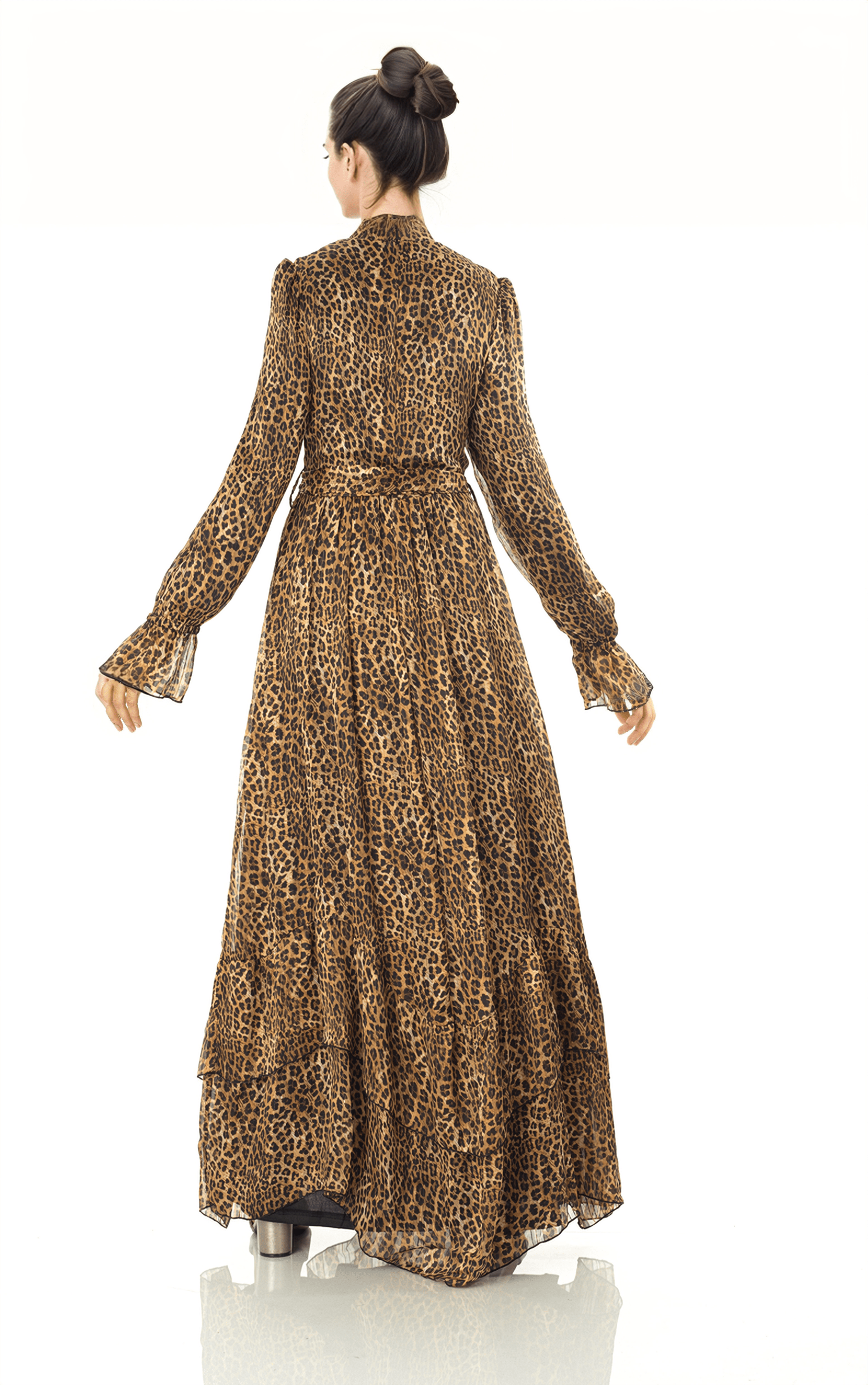 Cheetah fever ruffle long sleeve maxi dress Kabayare