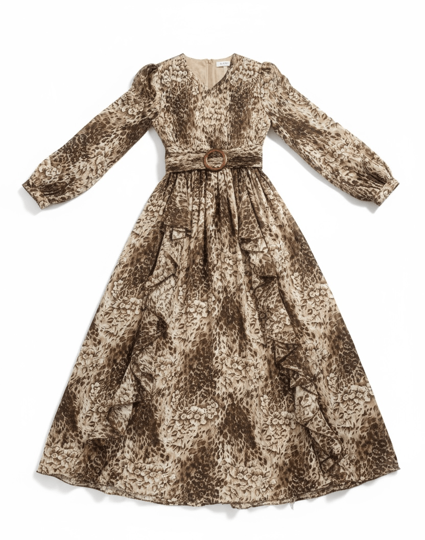 Chestnut brown cheetah floral print maxi dress Kabayare