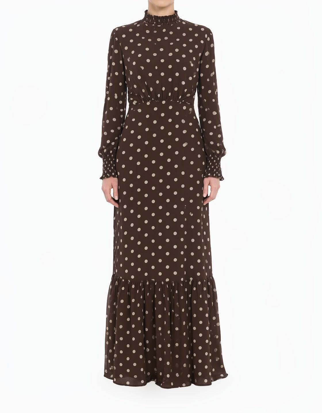 Chocolate Polka Dot Lucca Smocked High Neck Modest Maxi Dress Kabayare