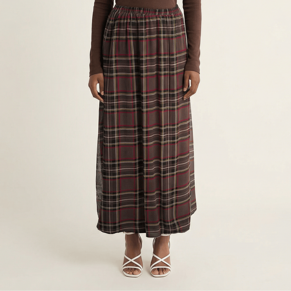 Chocolate Waffle Plaid chiffon Maxi Skirt Kabayare