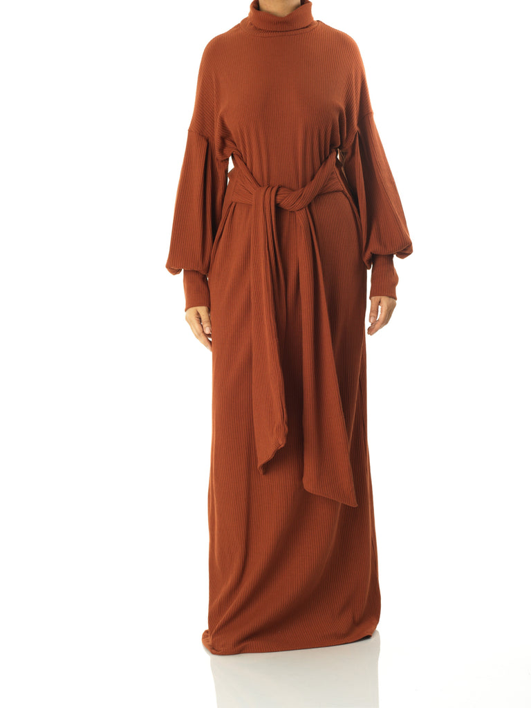 Cinnamon Ribbed-Knit Turtleneck Sweater Dress Kabayare
