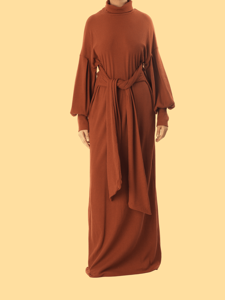 Cinnamon Ribbed-Knit Turtleneck Sweater Dress Kabayare