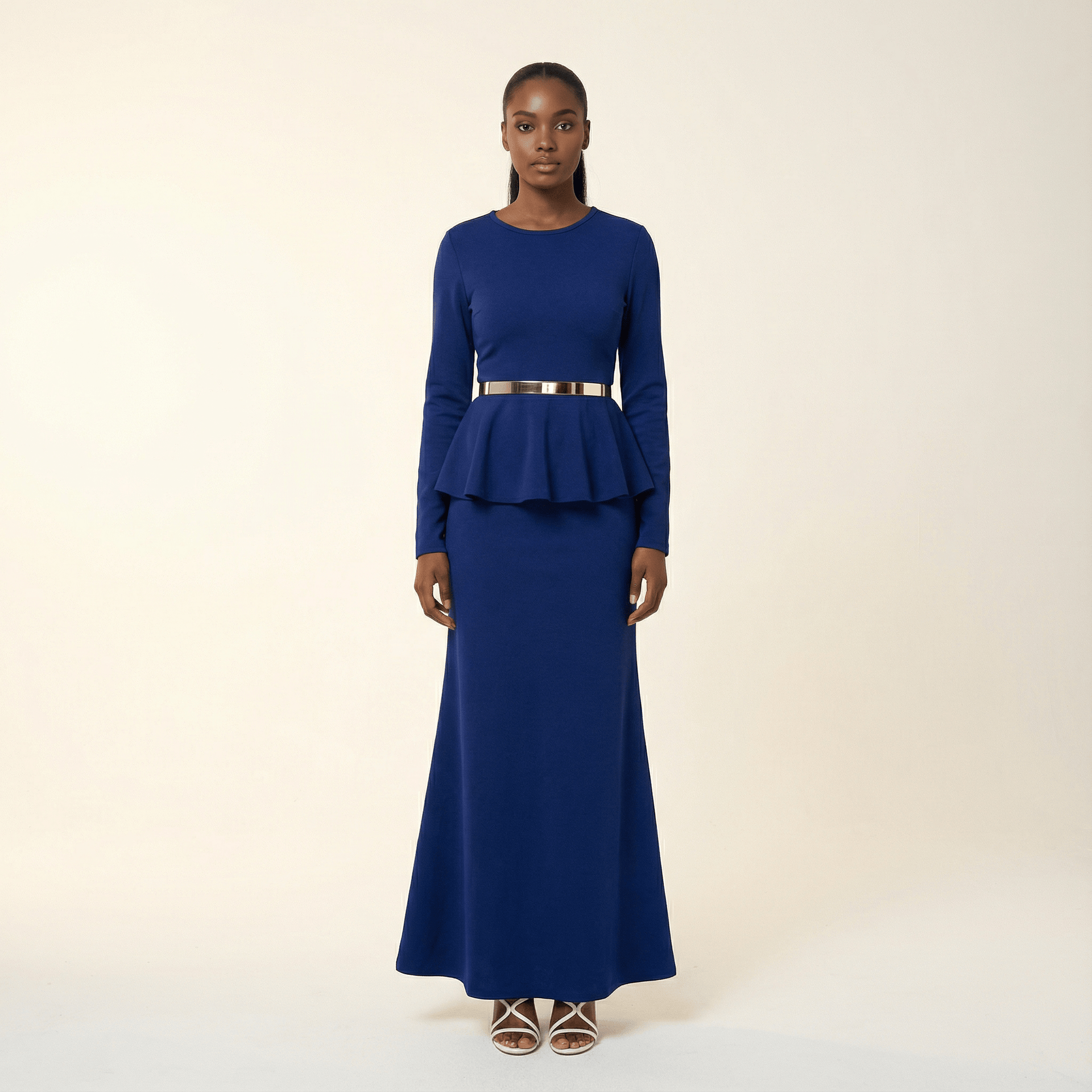 long sleeve peplum maxi dress Jessie Long Sleeve Peplum Midi Dress, Blue / M