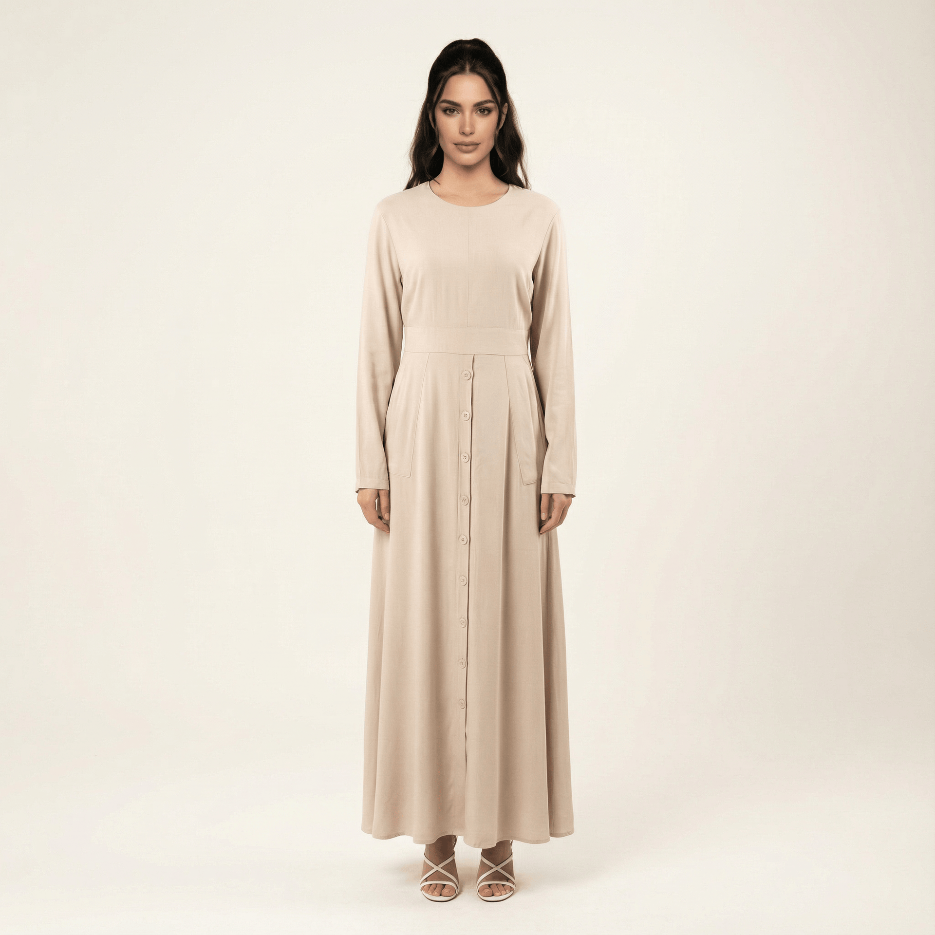 cream modest maxi dress Cream Manal button down Modal modest maxi dress