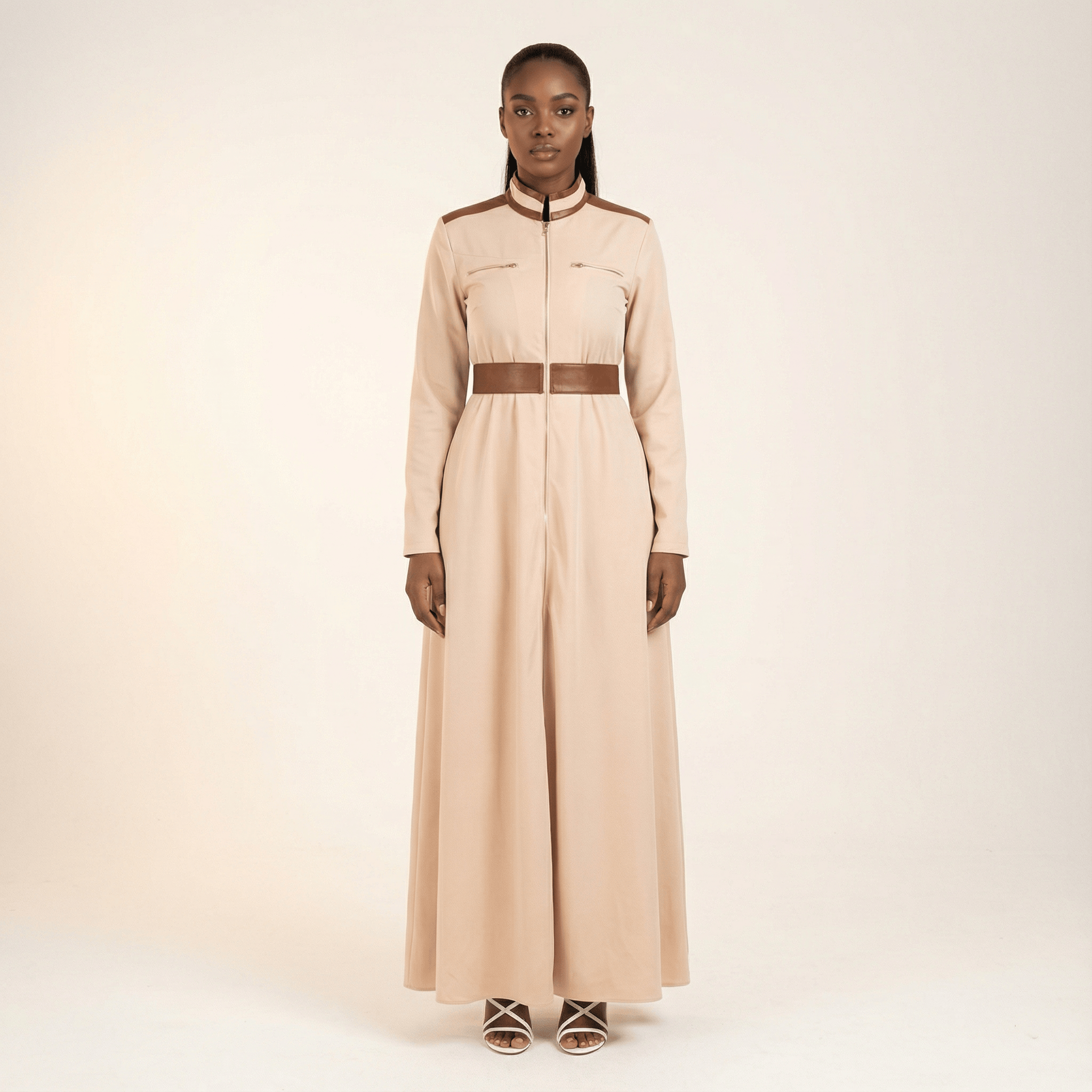 Cream Nadia leather detail maxi dress Kabayare