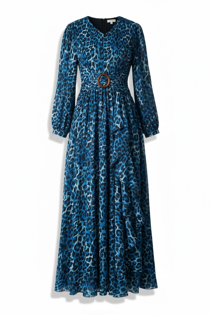 Electric Blue cheetah print long sleeve modest maxi Dress | Dress L Electric Blue cheetah print long sleeve modest maxi Dress | Dress L
