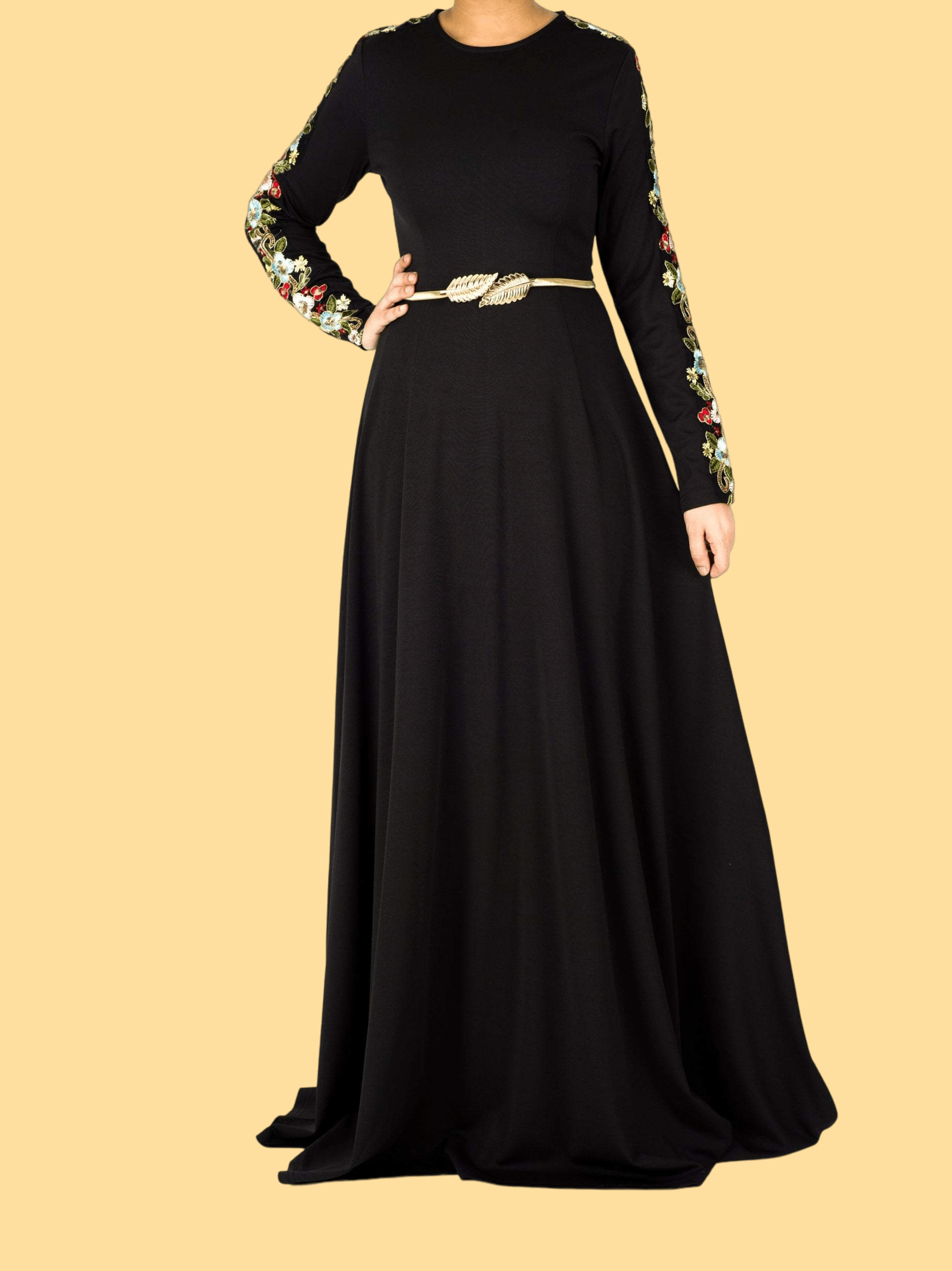 embroidery detail sleeve modest dress