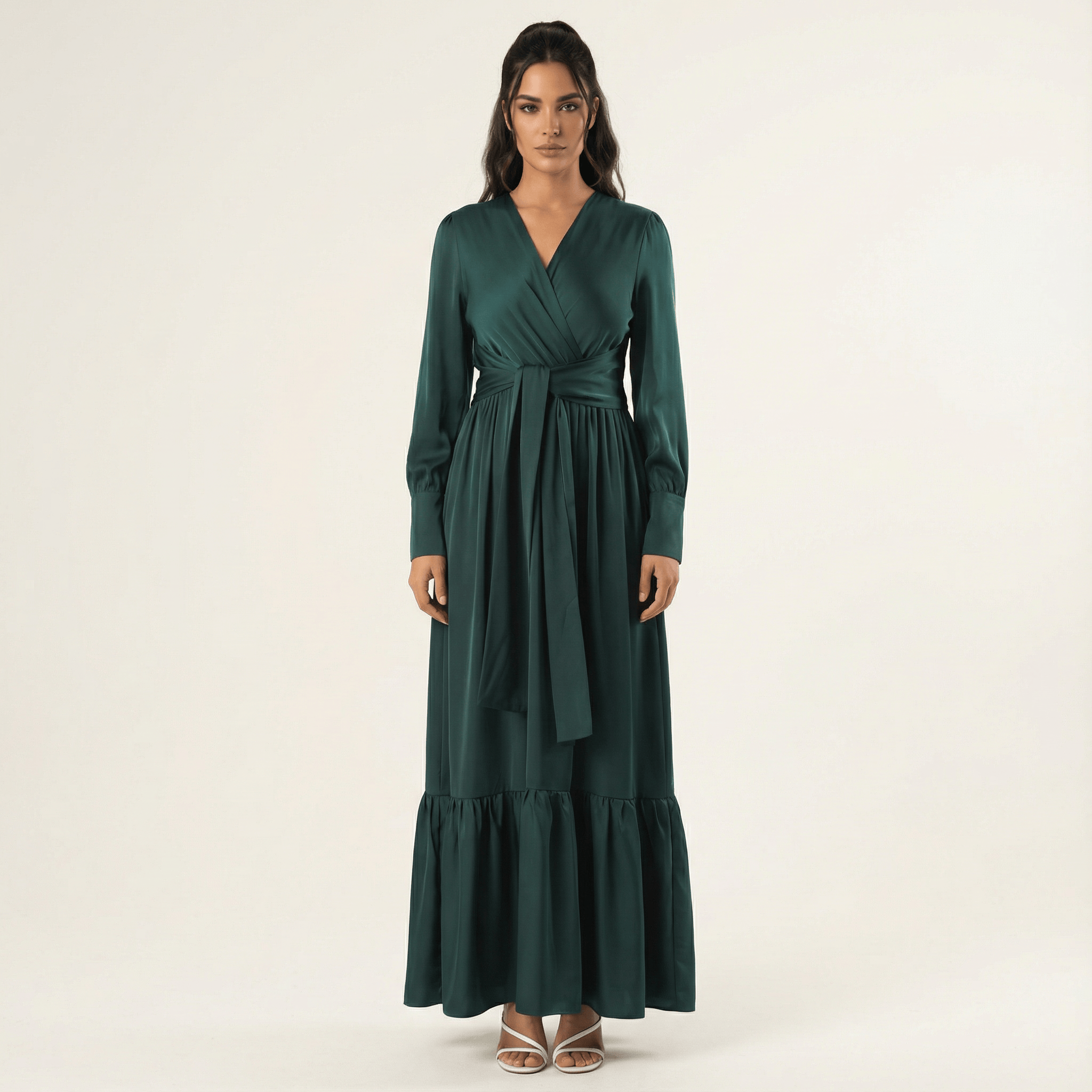 Emerald Dancing With You pretty satin Long sleeve Maxi dress Kabayare