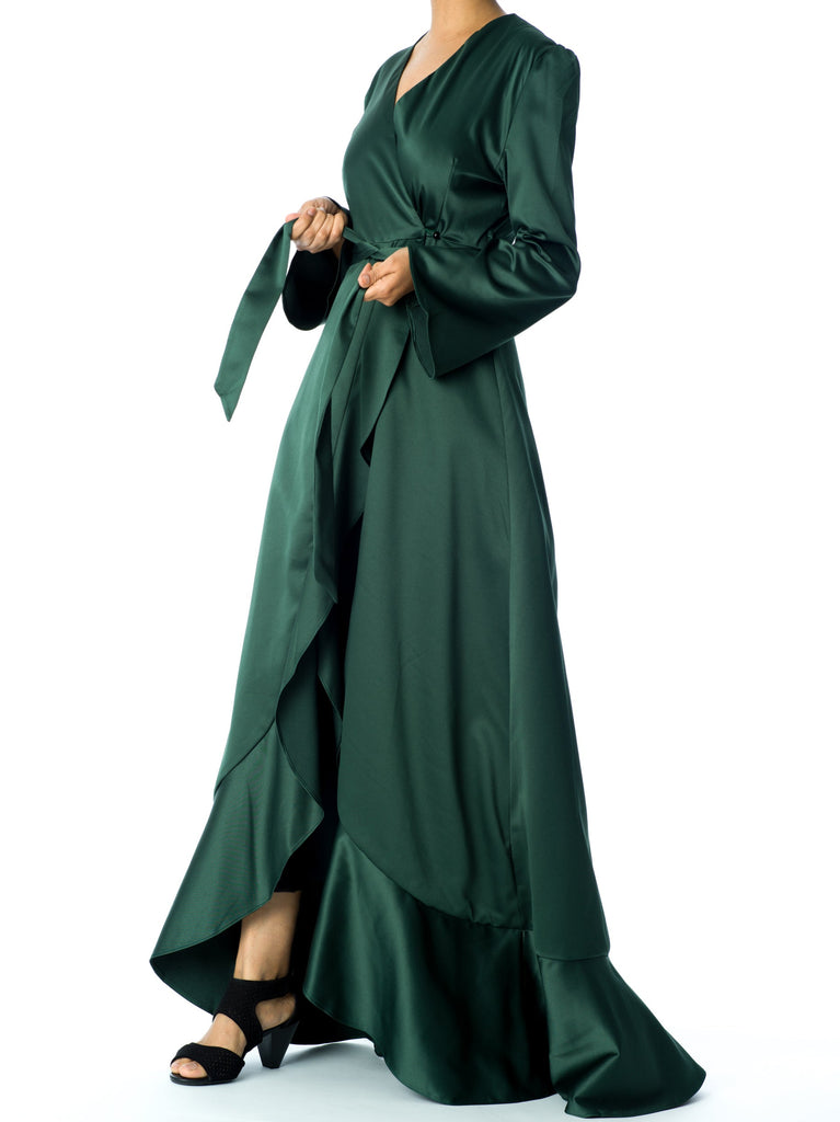 Emerald green Satin wrap Kimono dress Kabayare