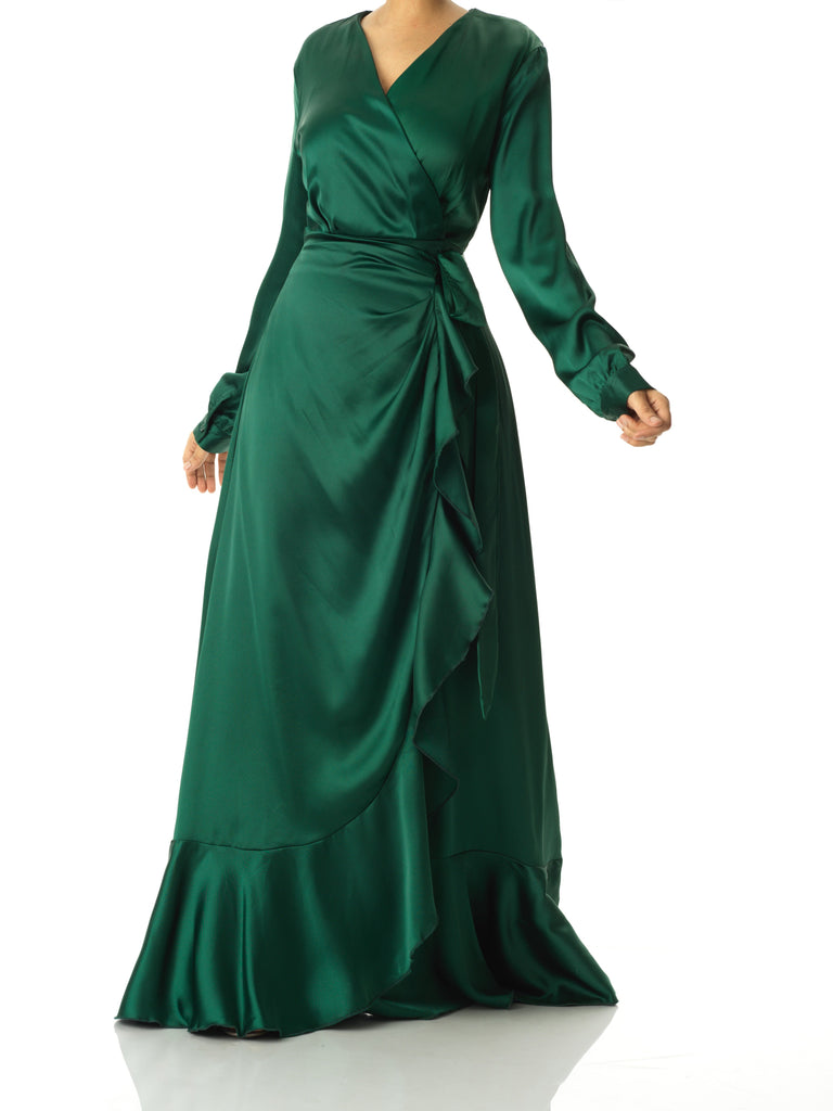 Emerald Green satin Wrapped dress Kabayare