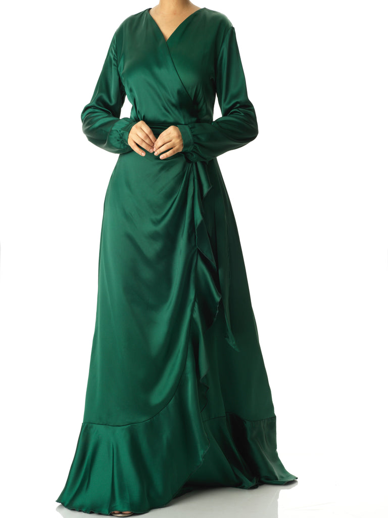 Emerald Green satin Wrapped dress Kabayare
