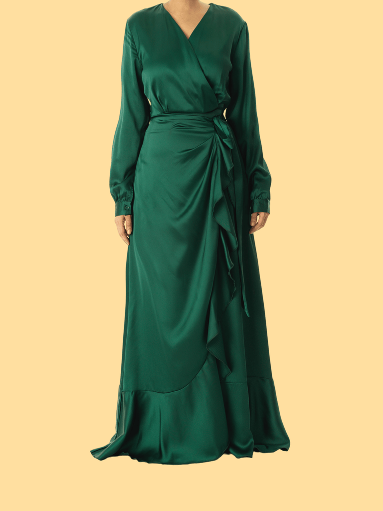 Emerald Green satin Wrapped dress Kabayare