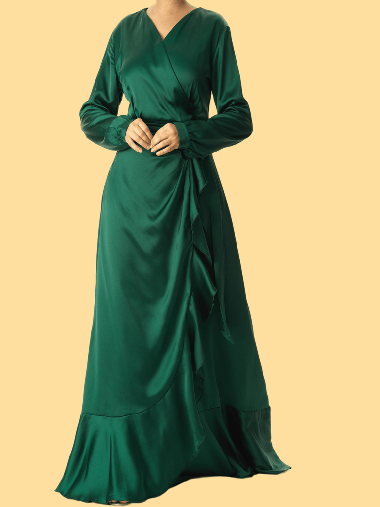 Emerald Green satin Wrapped dress Kabayare