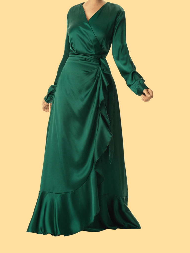 Emerald Green satin Wrapped dress Kabayare