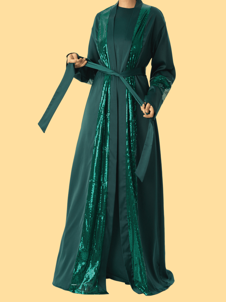 Emerald Malika sequin modest Abaya satin set Kabayare
