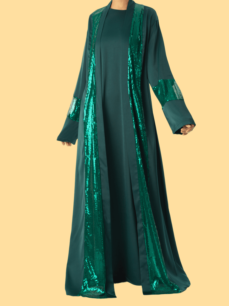 Emerald Malika sequin modest Abaya satin set Kabayare
