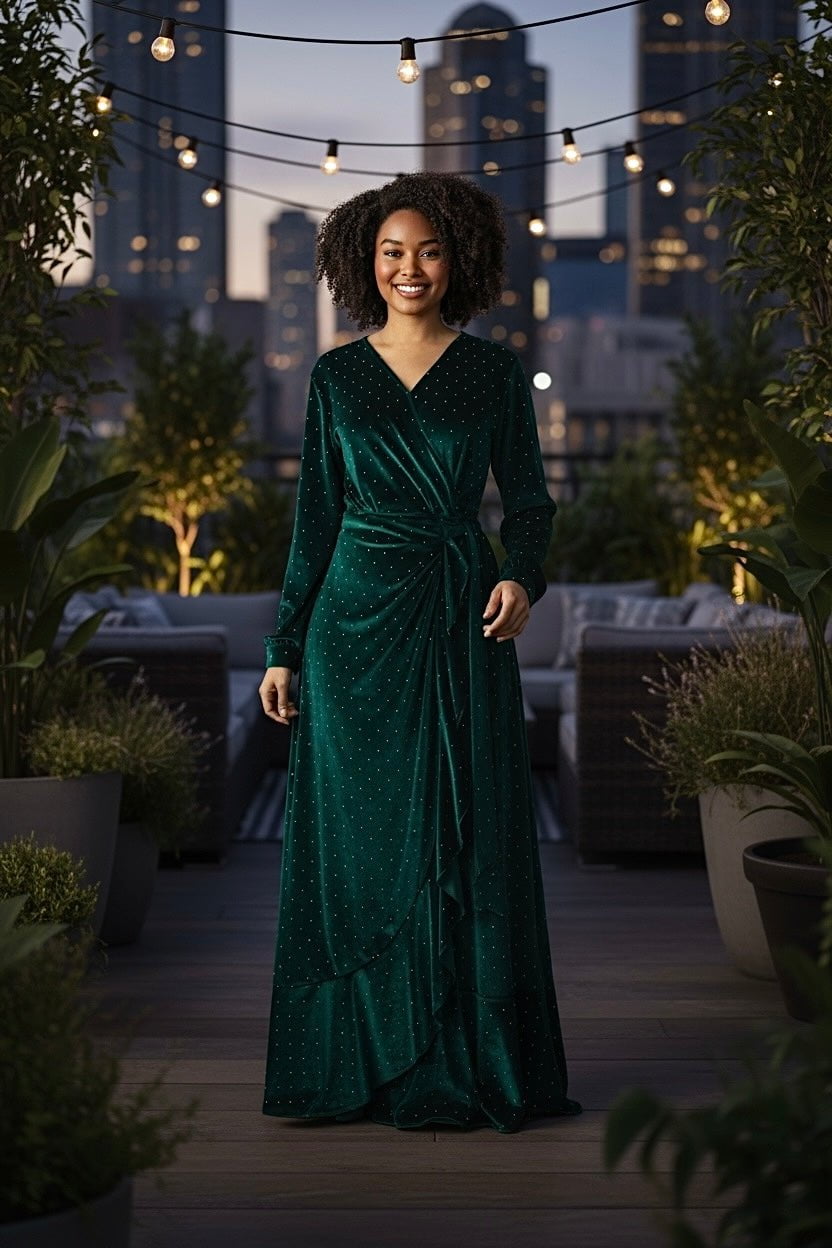 Emerald wrapped velvet modest maxi dress Kabayare