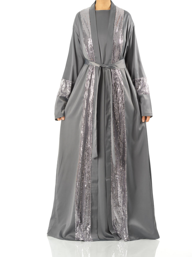 Gray Malika sequin Abaya satin set Kabayare