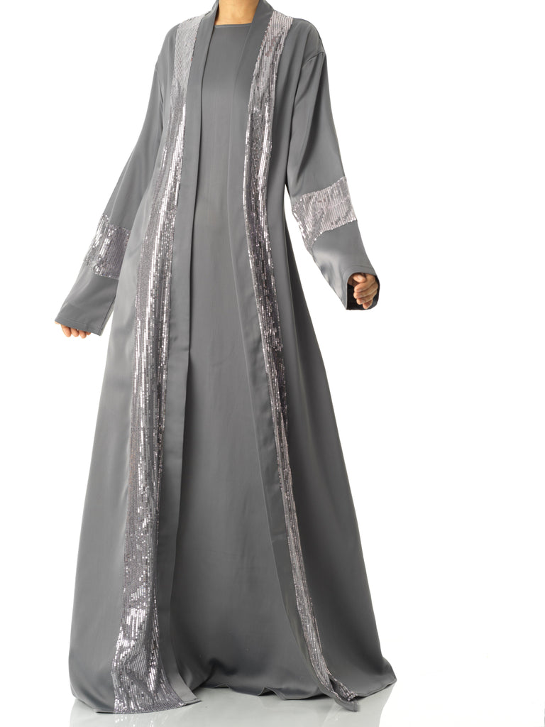 Gray Malika sequin Abaya satin set Kabayare