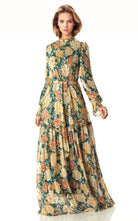 Green Beautiful golden Peony floral modest maxi dress Kabayare
