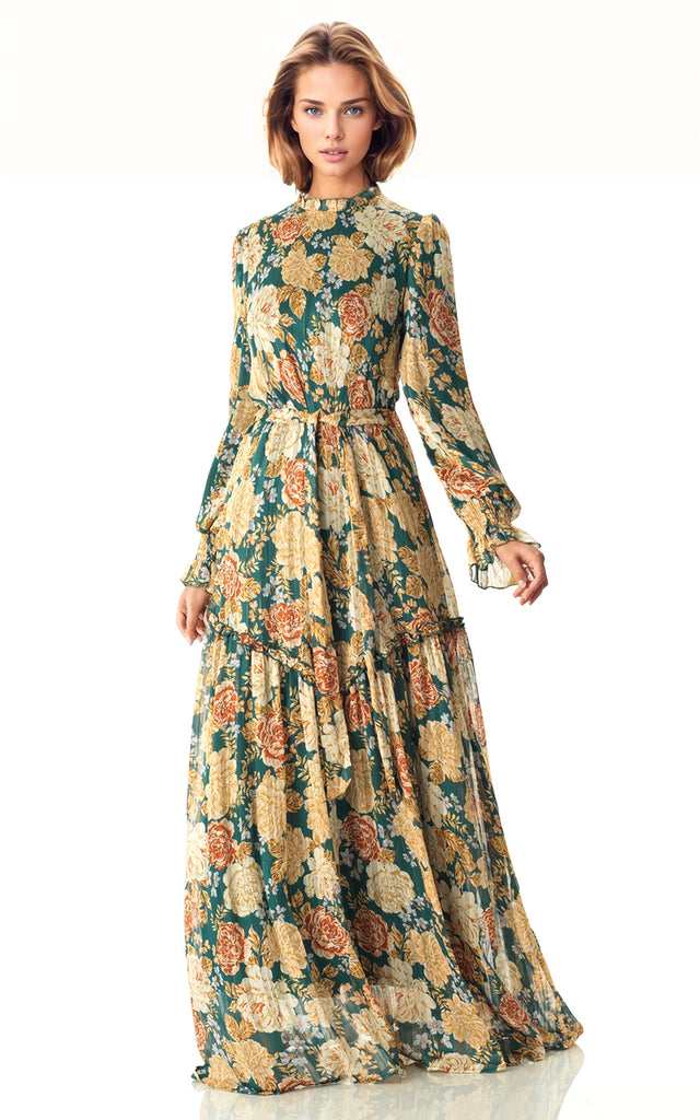 Green Beautiful golden Peony floral modest maxi dress Kabayare
