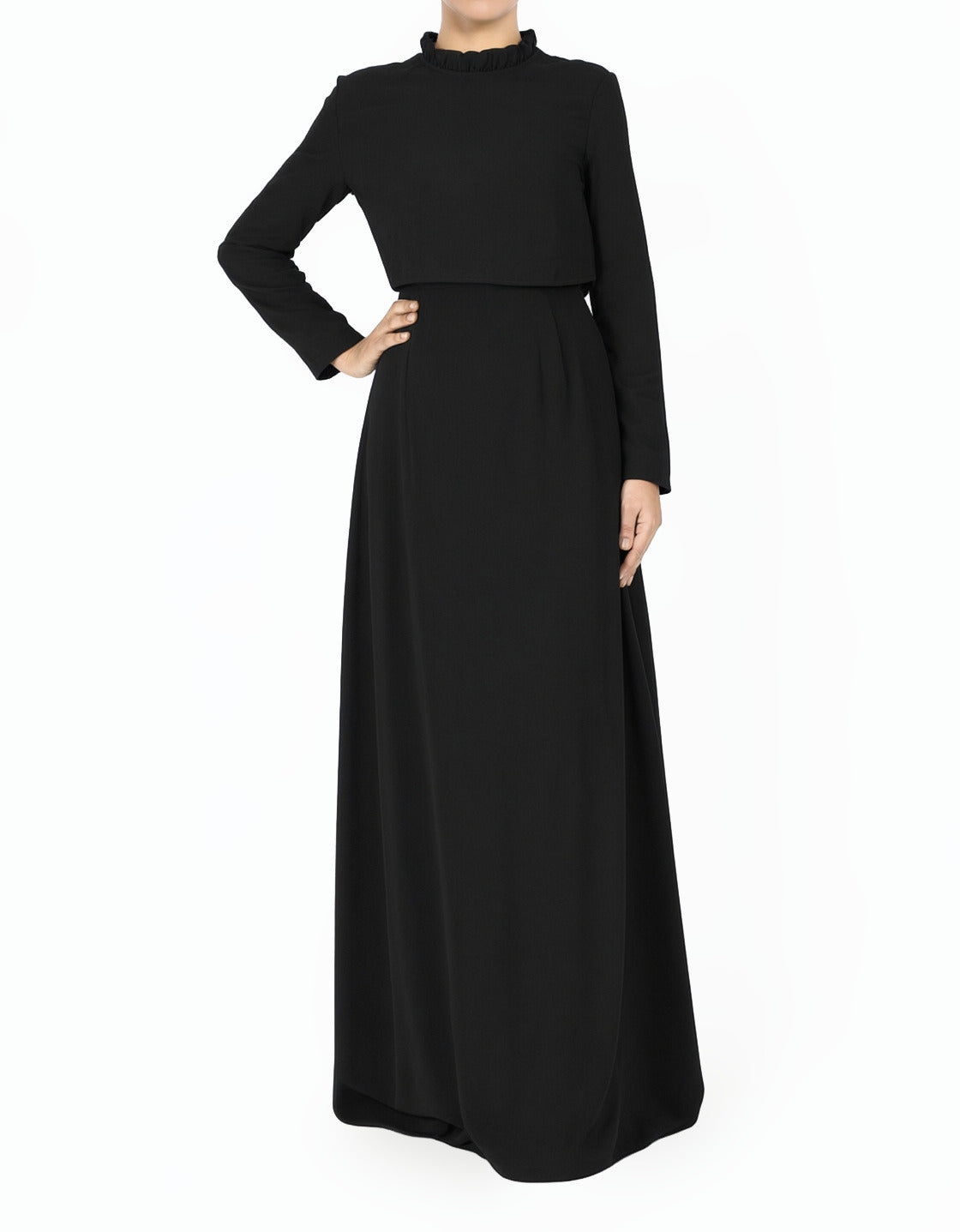 Black Aurora Crepe High Neck Crop Modest Dress