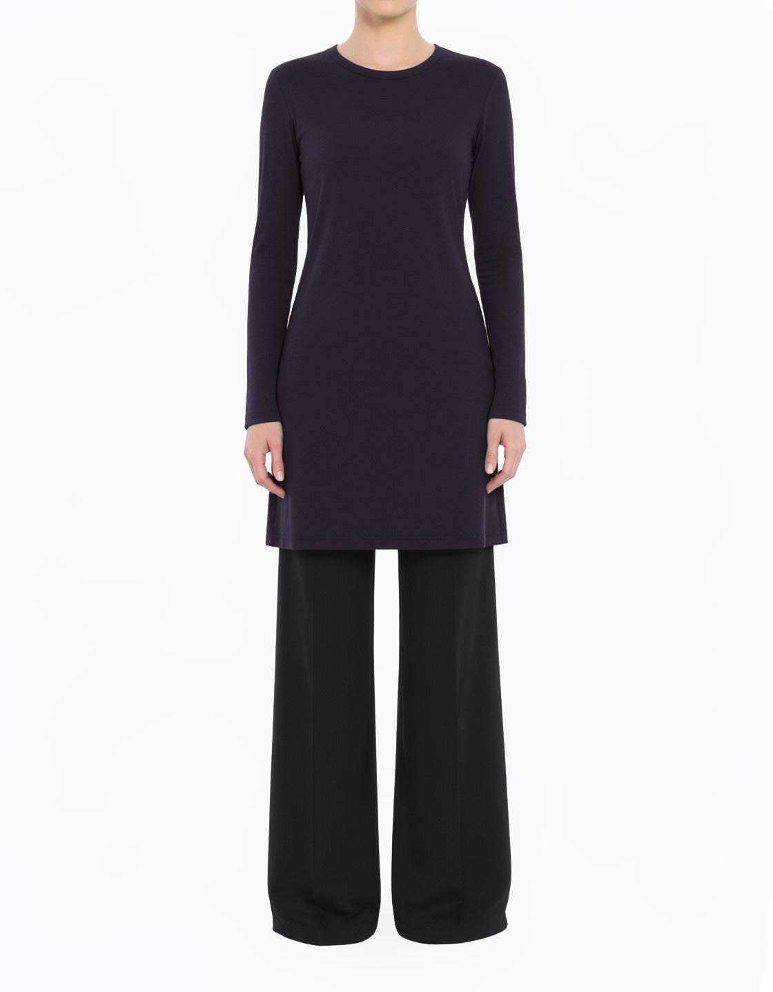 Navy Blue Basic Modest Long Sleeve Cotton Midi Top