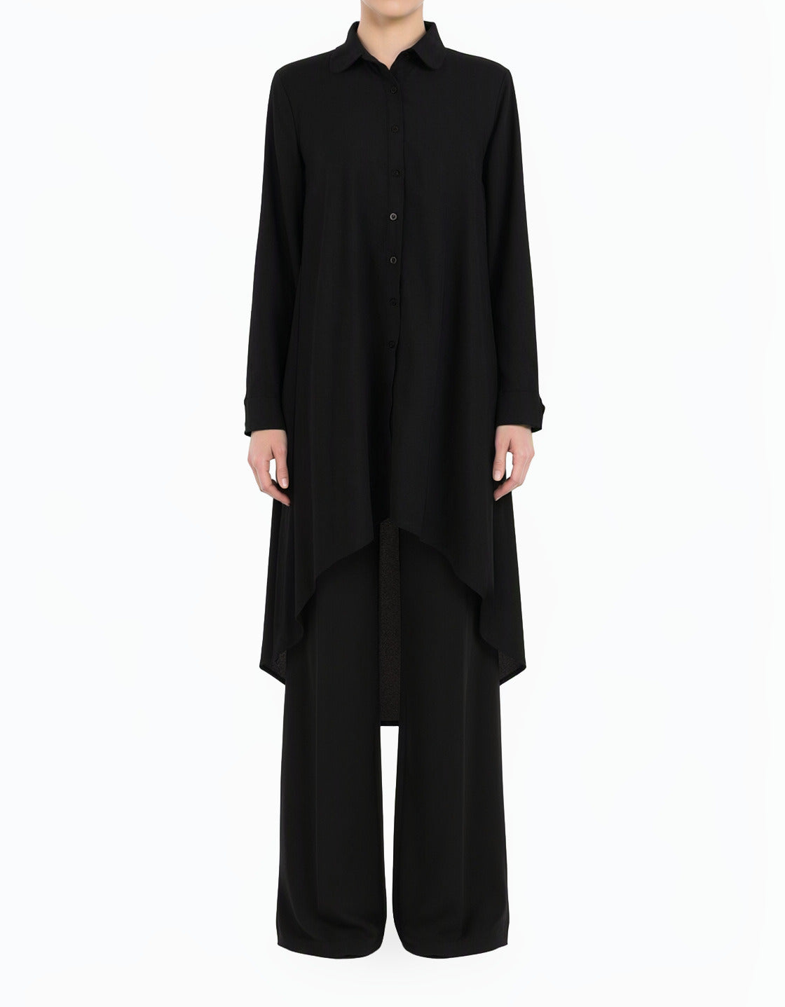 Black Amira Crepe button Down Hi-Low Top
