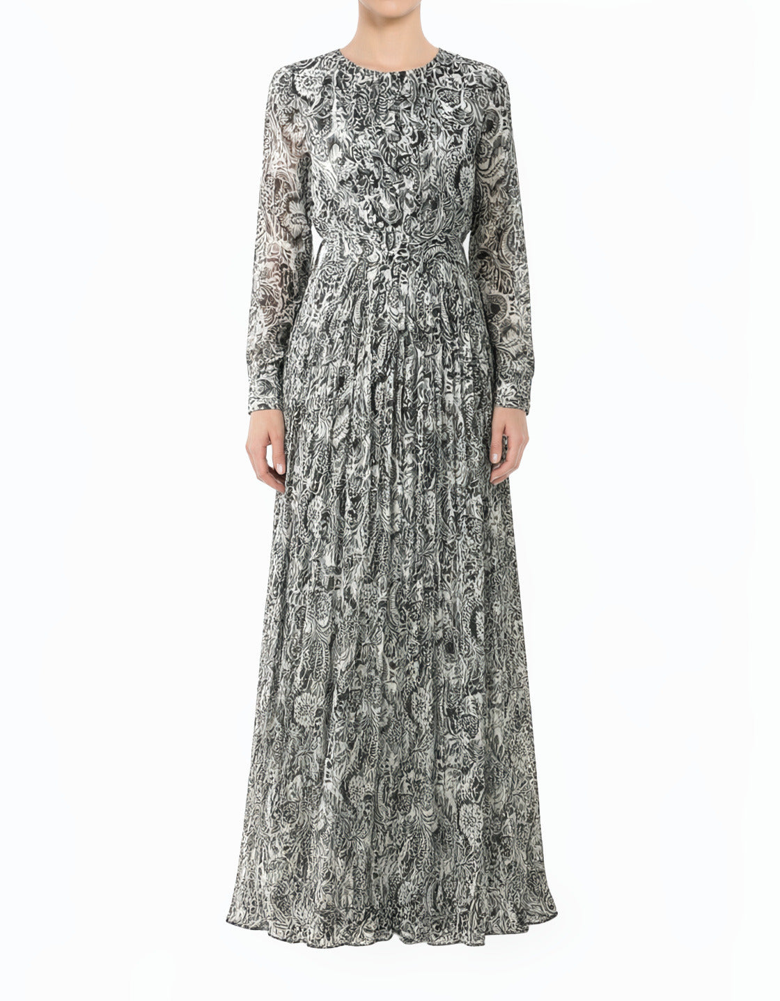 Black and White henna print silk chiffon shimmer maxi dress