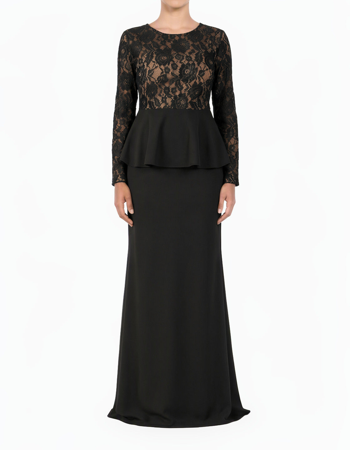 Black lace-top peplum modest dress