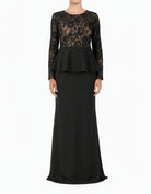 Black lace-top peplum modest dress