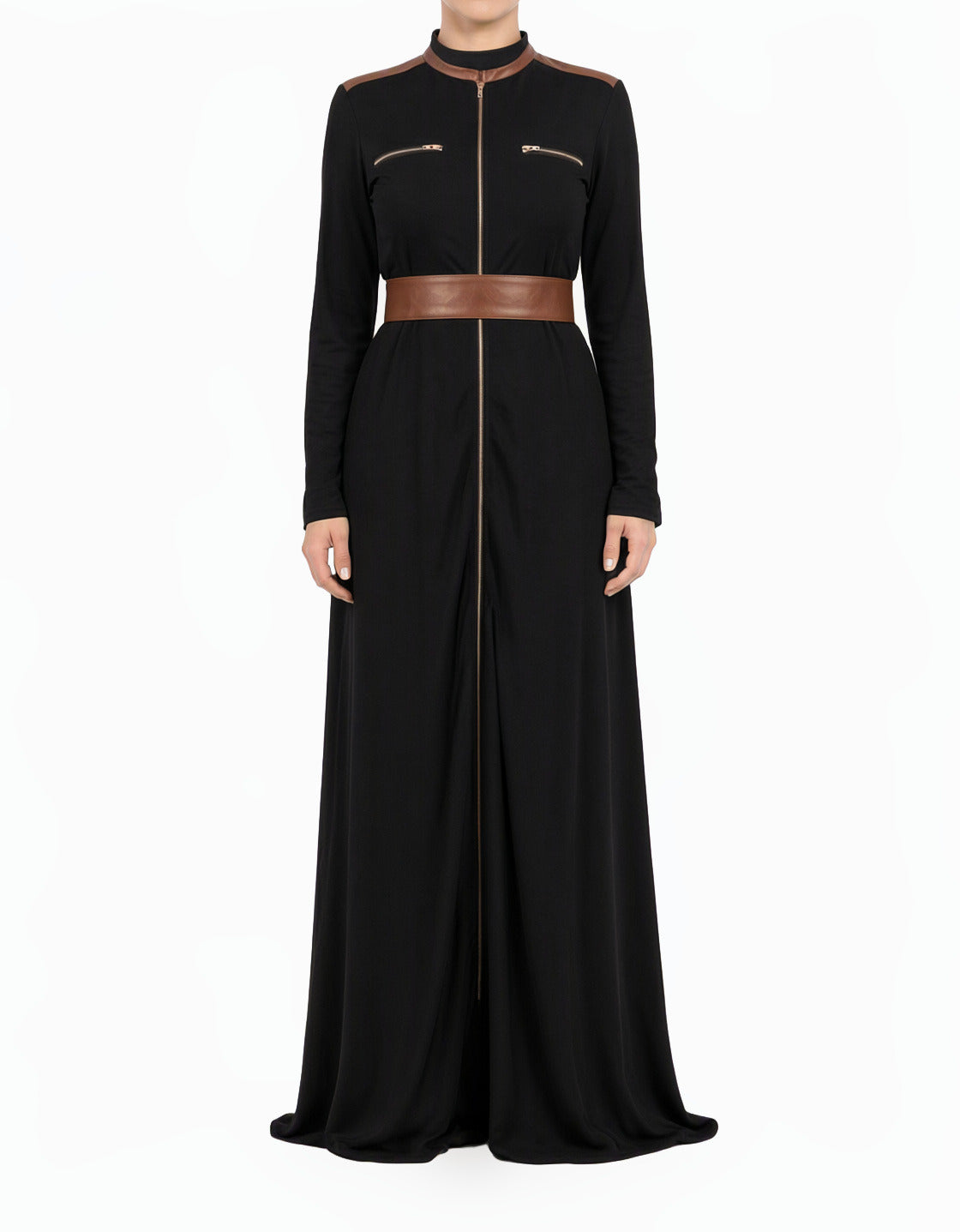 Black Nadia Leather Detail Modest Maxi Dress