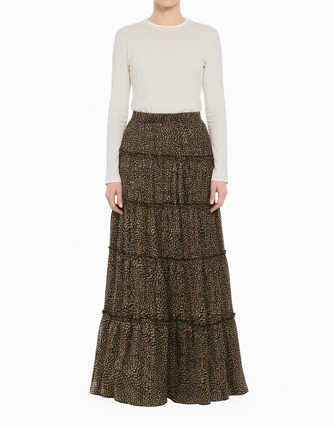 Black Wild Cheetah Tiered Modest Maxi Skirt