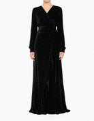 Black wrapped velvet modest maxi dress