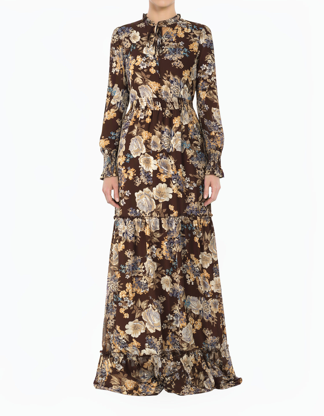 Brown floral smocked long sleeve maxi modest dress