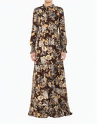 Brown floral smocked long sleeve maxi modest dress
