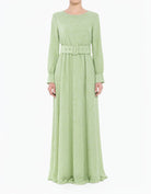 Sage Burnout Floral Modest Maxi Dress with Belt