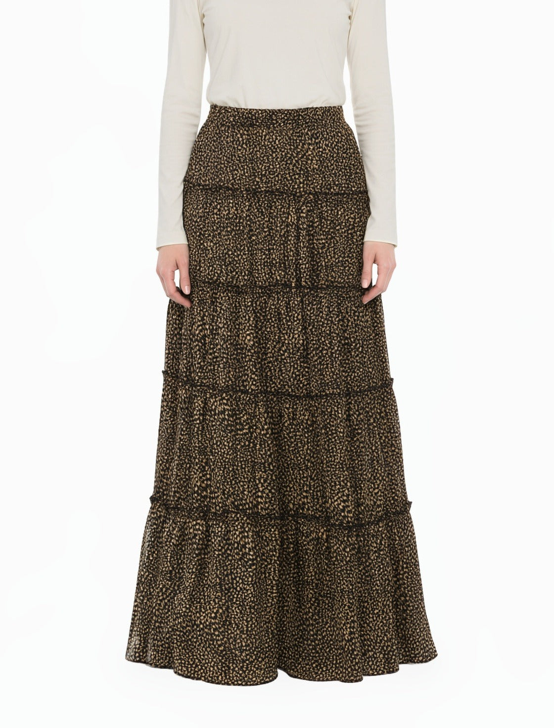 Black Wild Cheetah Tiered Modest Maxi Skirt