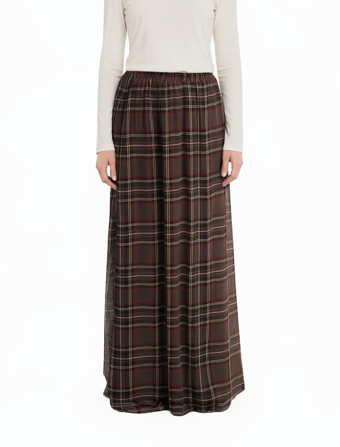 Chocolate Waffle Plaid Chiffon Modest Maxi Skirt