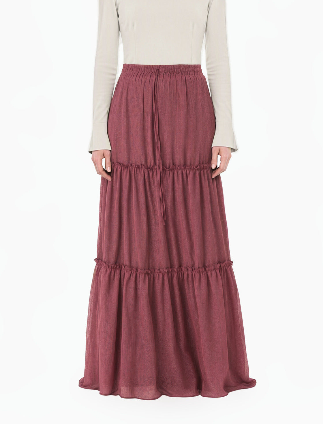 Dusty Rose Shimmer Chiffon Tiered Modest Maxi Skirt
