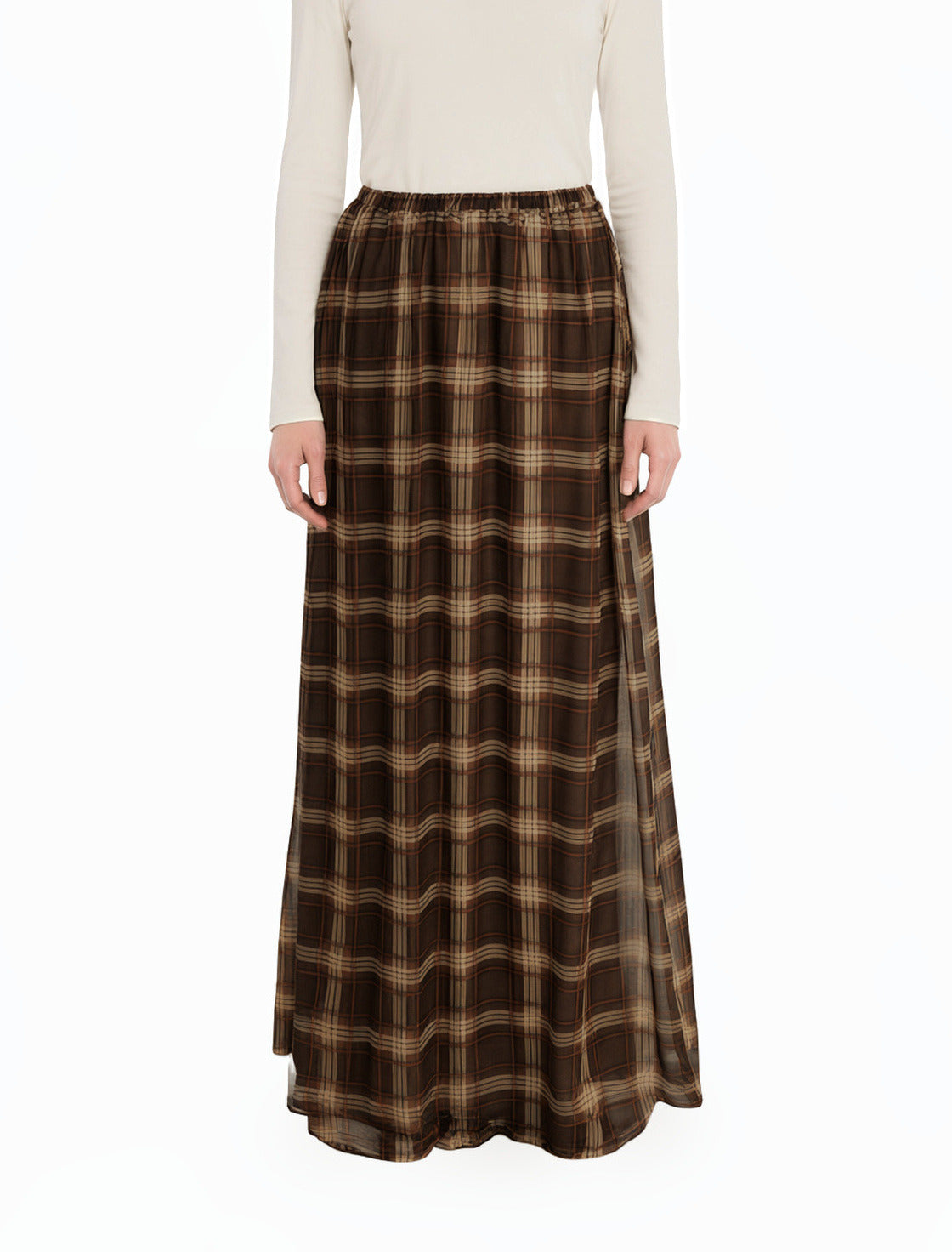 Mocha Waffle Plaid Chiffon Modest Maxi Skirt