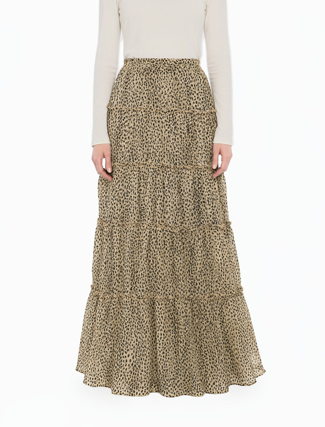 Ivory Wild Cheetah Tiered Modest Maxi Skirt